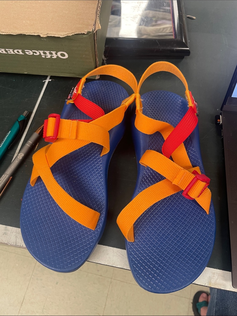 Chaco Women's size 8 Sandals in Blue with Orange and Red Straps